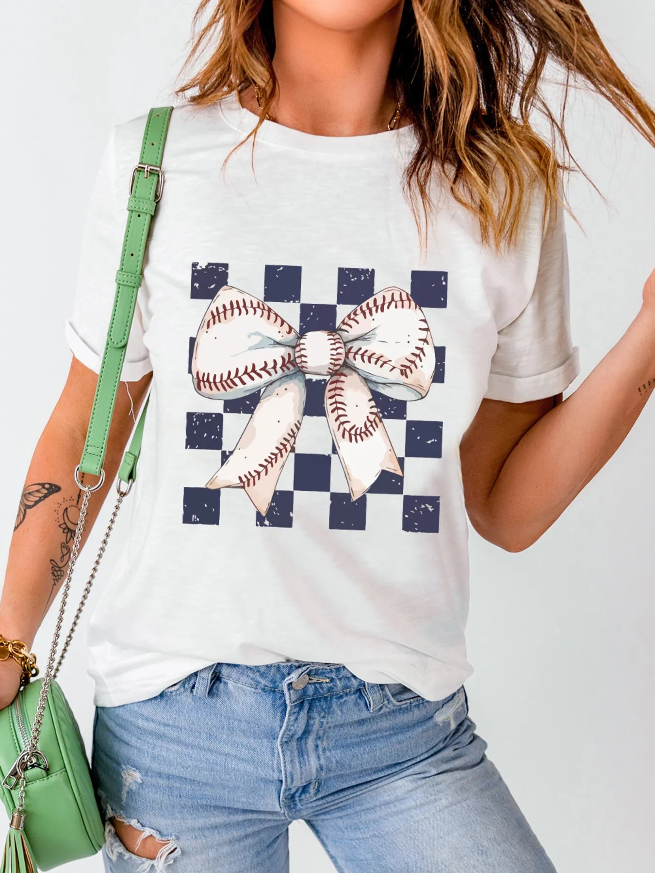 Checkered Bowknot Graphic Crew Neck T Shirt