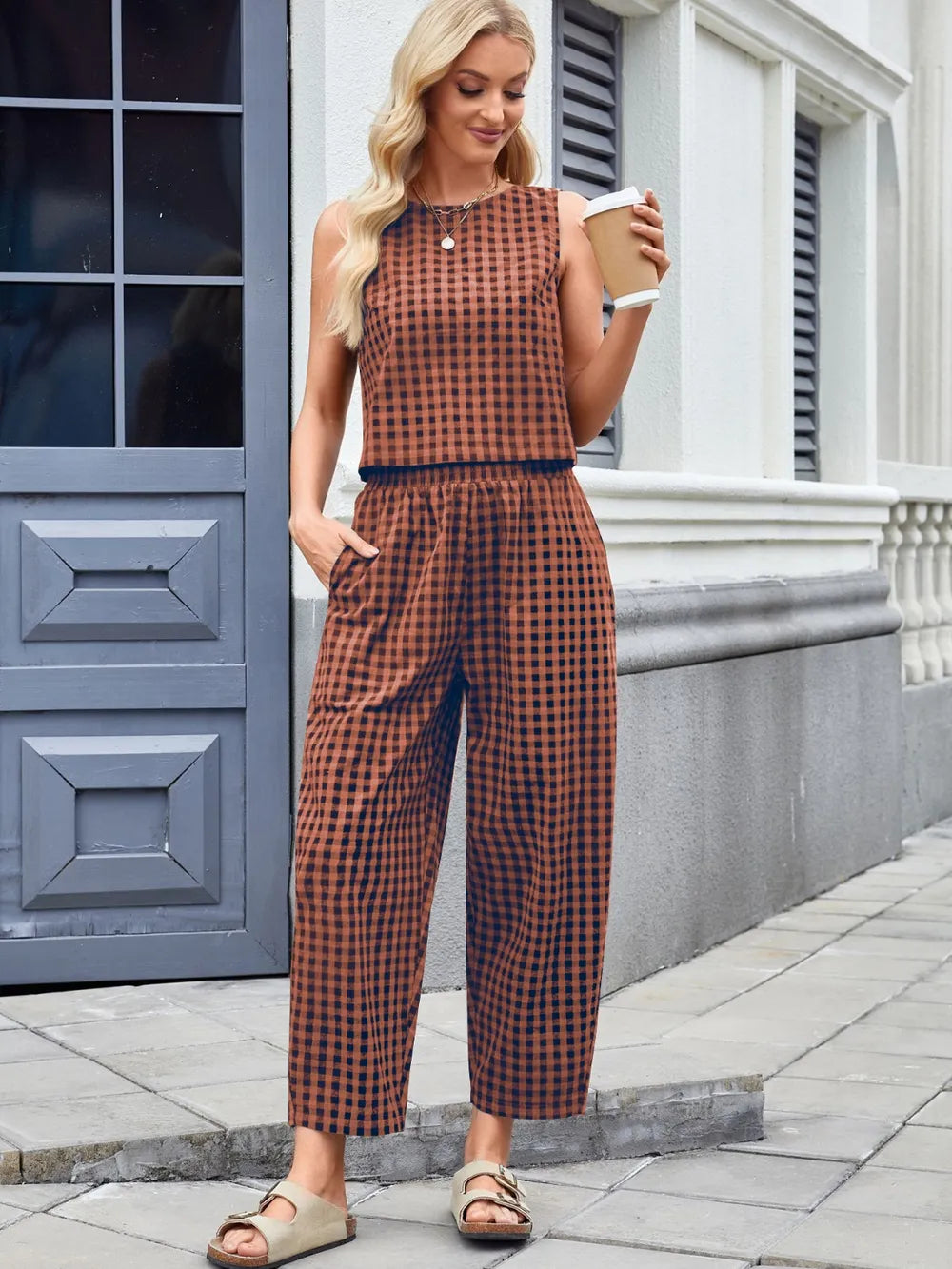 Plaid Sleeveless Top and Pants Set Rust