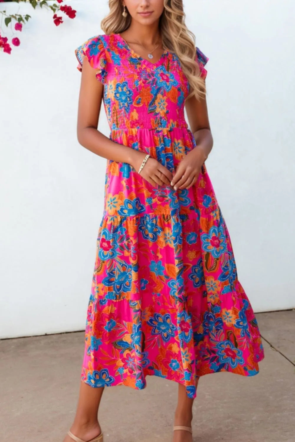 Boho Floral V Neck Ruffle Tiered Dress Hot Pink