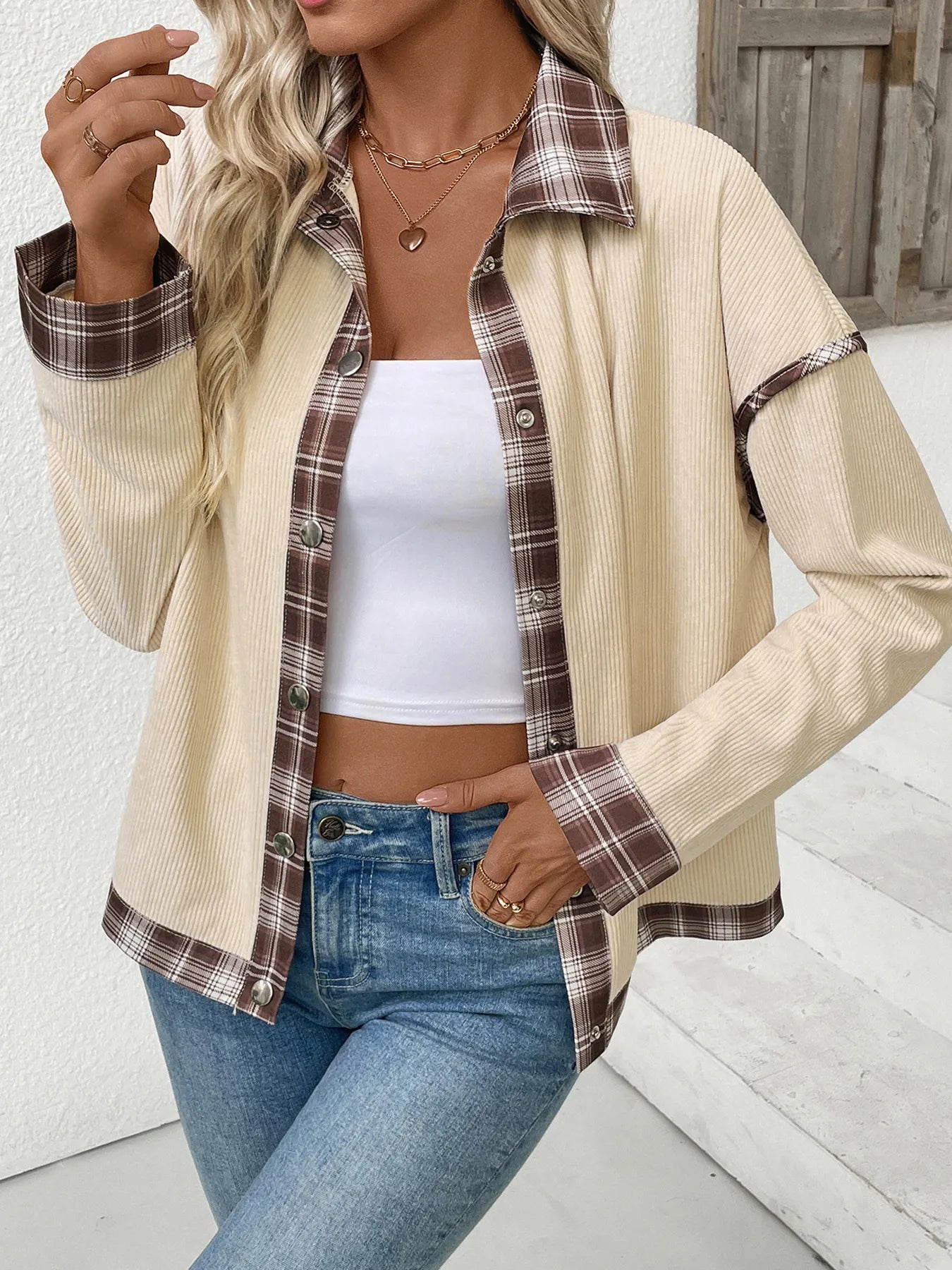 Plaid Hem Button Up Long Sleeve Shacket Beige