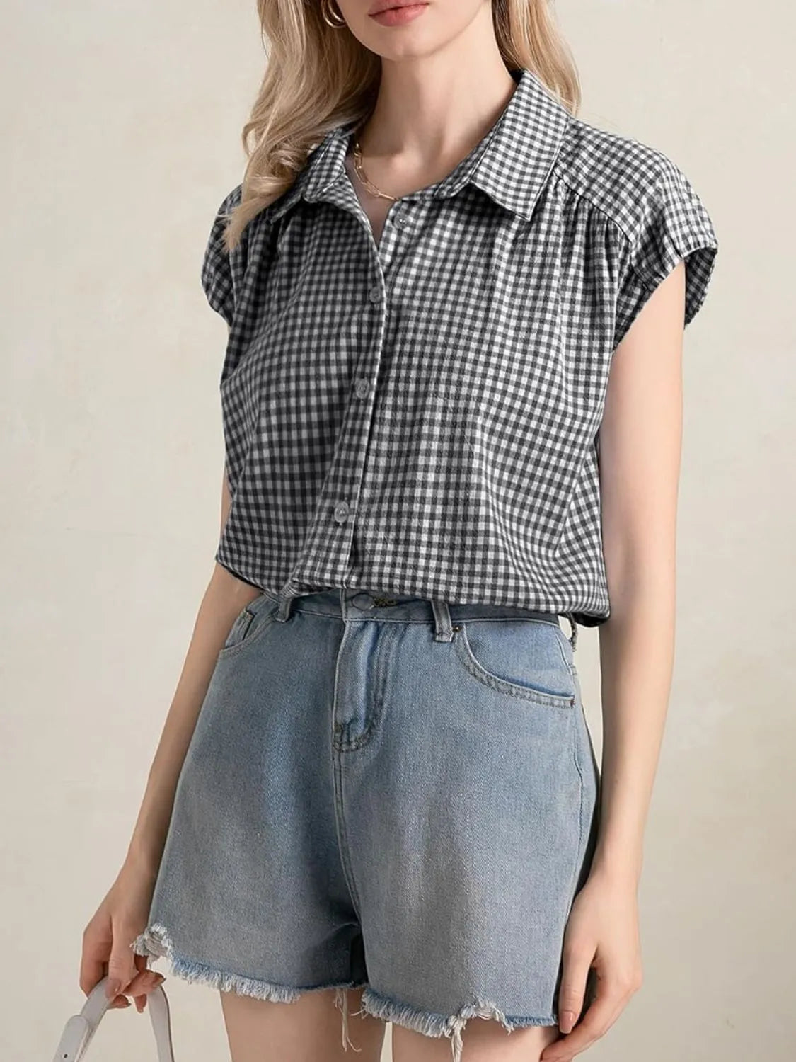 Plaid Button Up Cap Sleeve Shirt