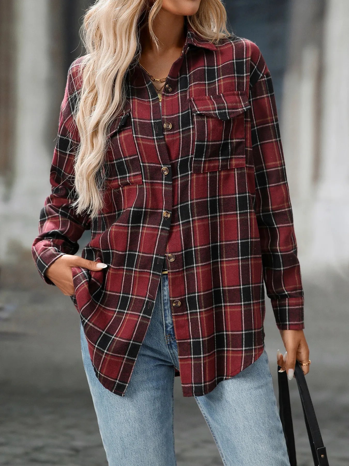 Plaid Button-Down Oversized Shirt Deep Wine Red