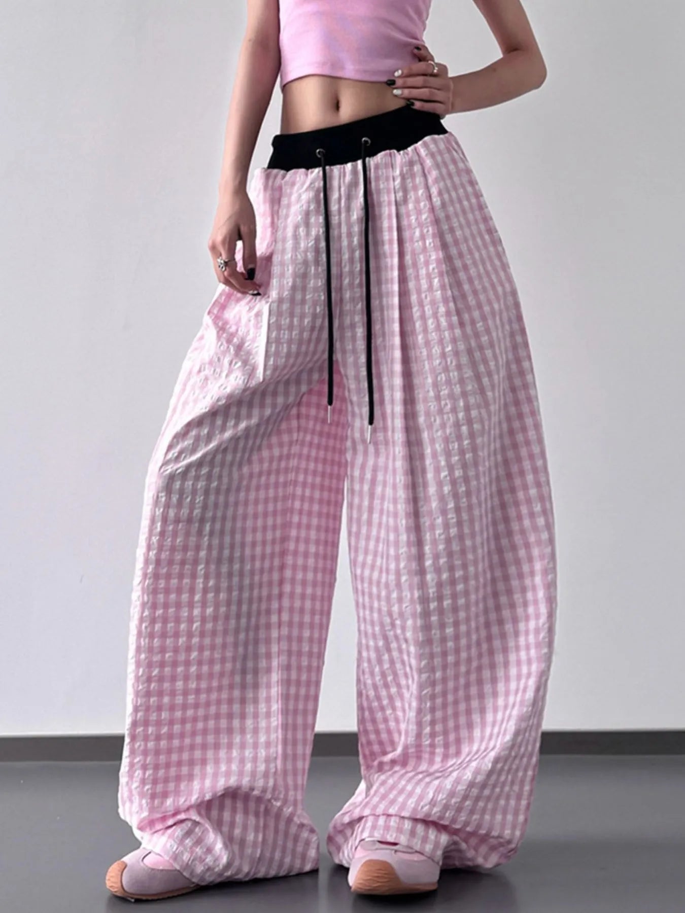 Gingham Wide Leg Drawstring Pants