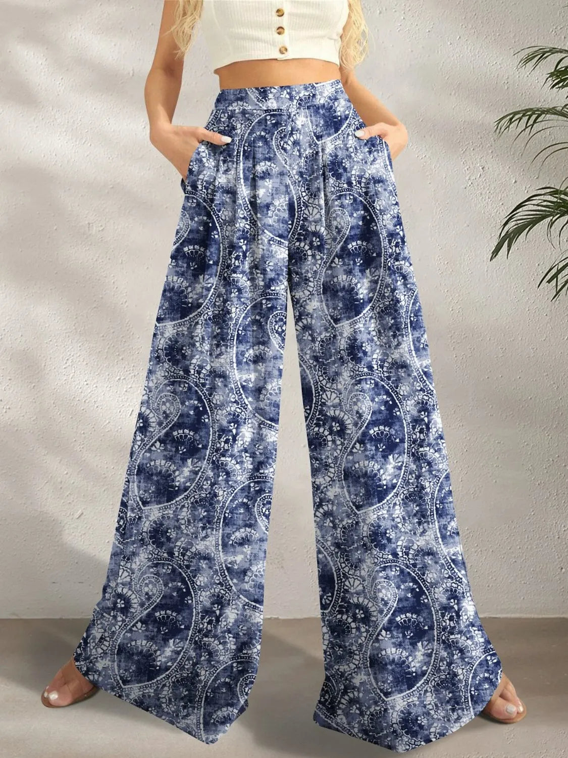 Printed Wide Leg Pants Dusty Blue