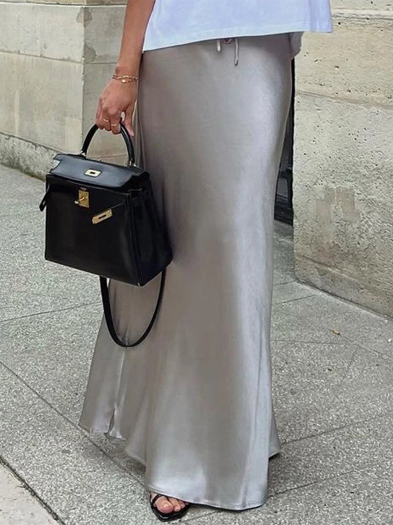 Satin Maxi Skirt with Drawstring Waist