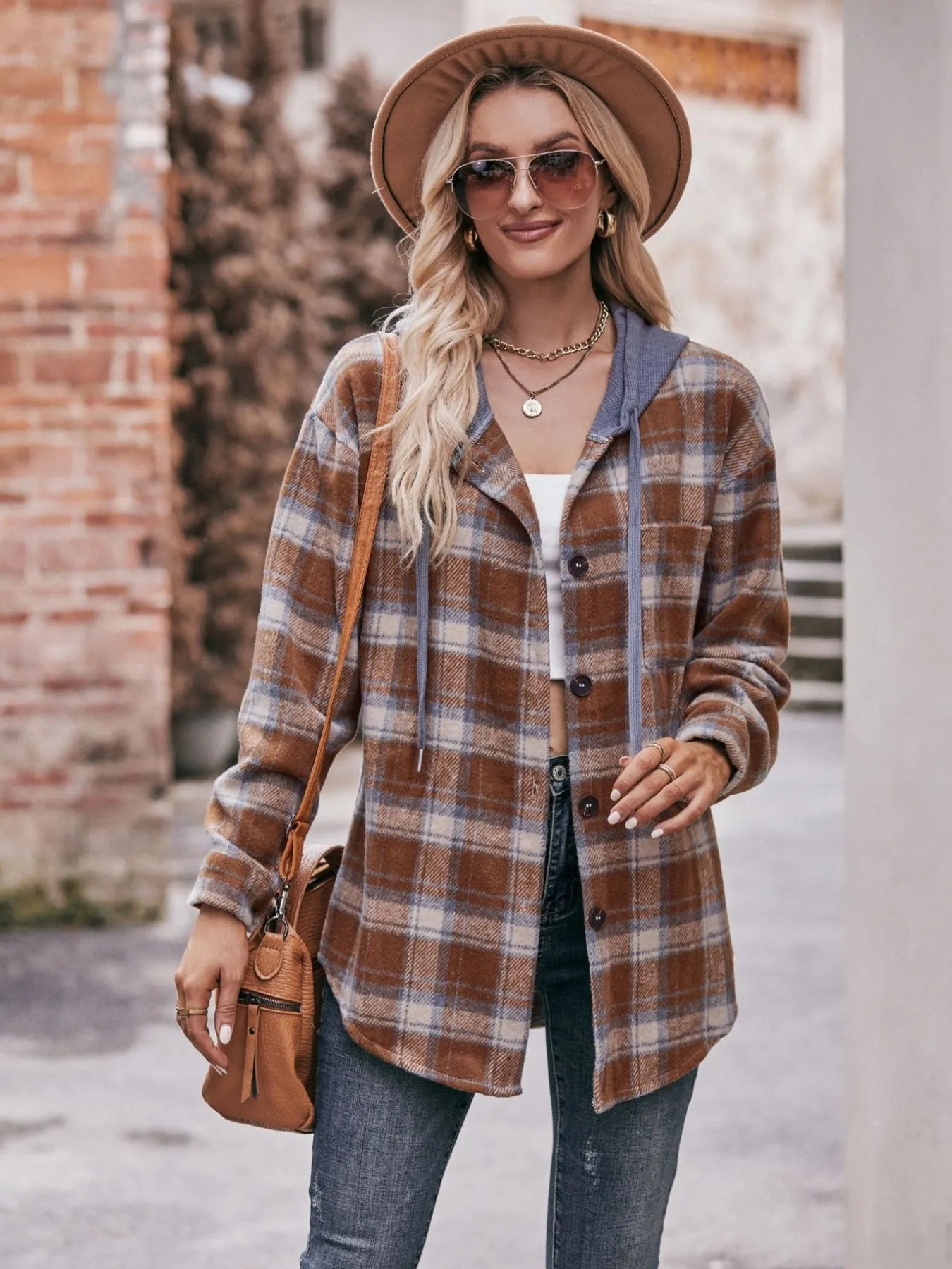Oversized Plaid Button Up Shacket Caramel