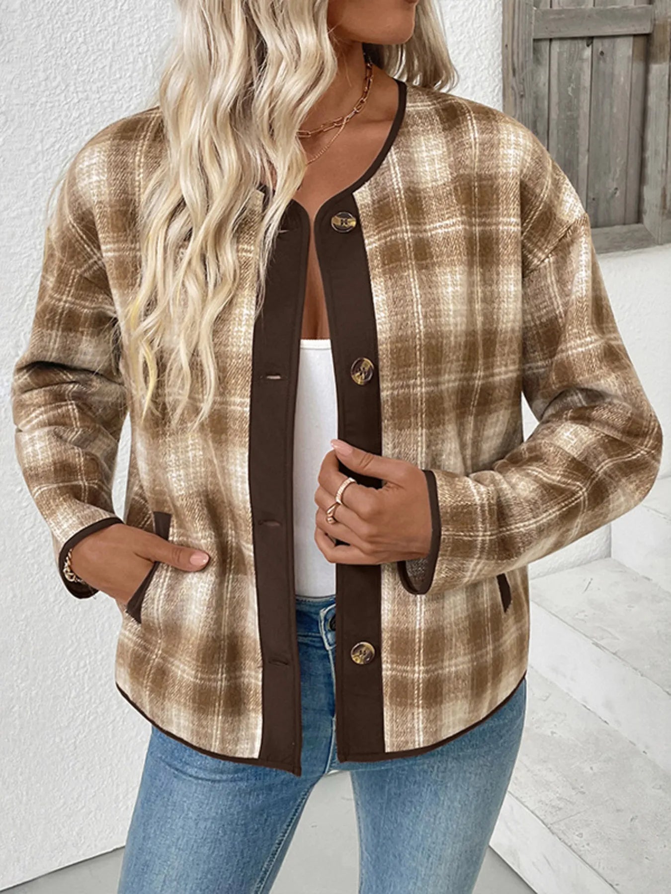 Plaid Long Sleeve Button-Up Jacket