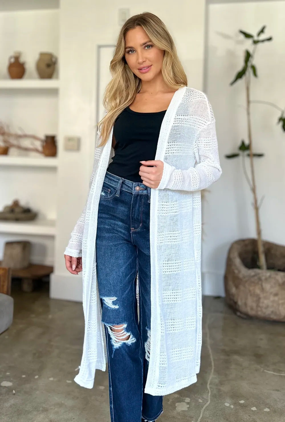 Double Take Full Size Open Front Longline Cardigan White