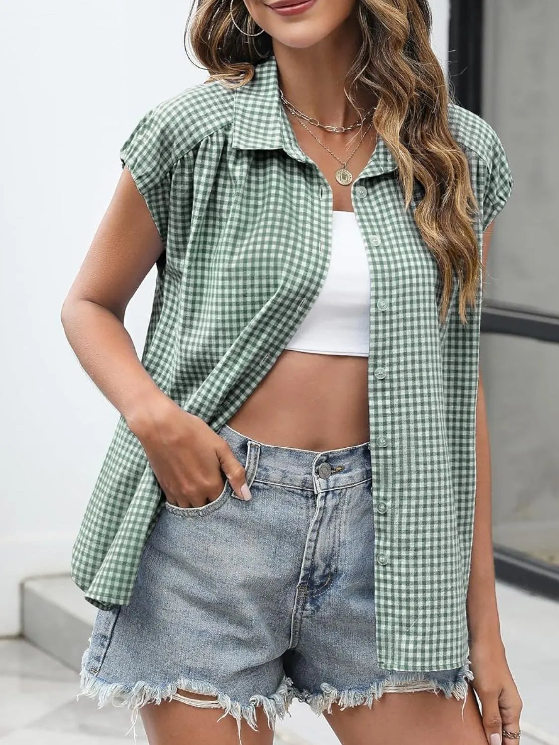 Plaid Button Up Cap Sleeve Shirt