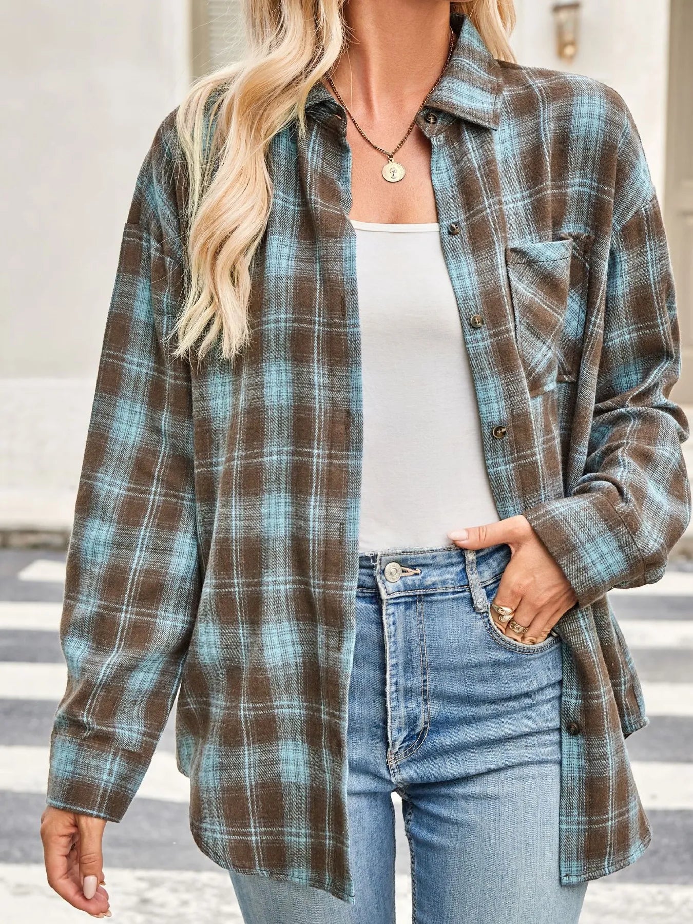 Plaid Button Up Long Sleeve Shirt Turquoise