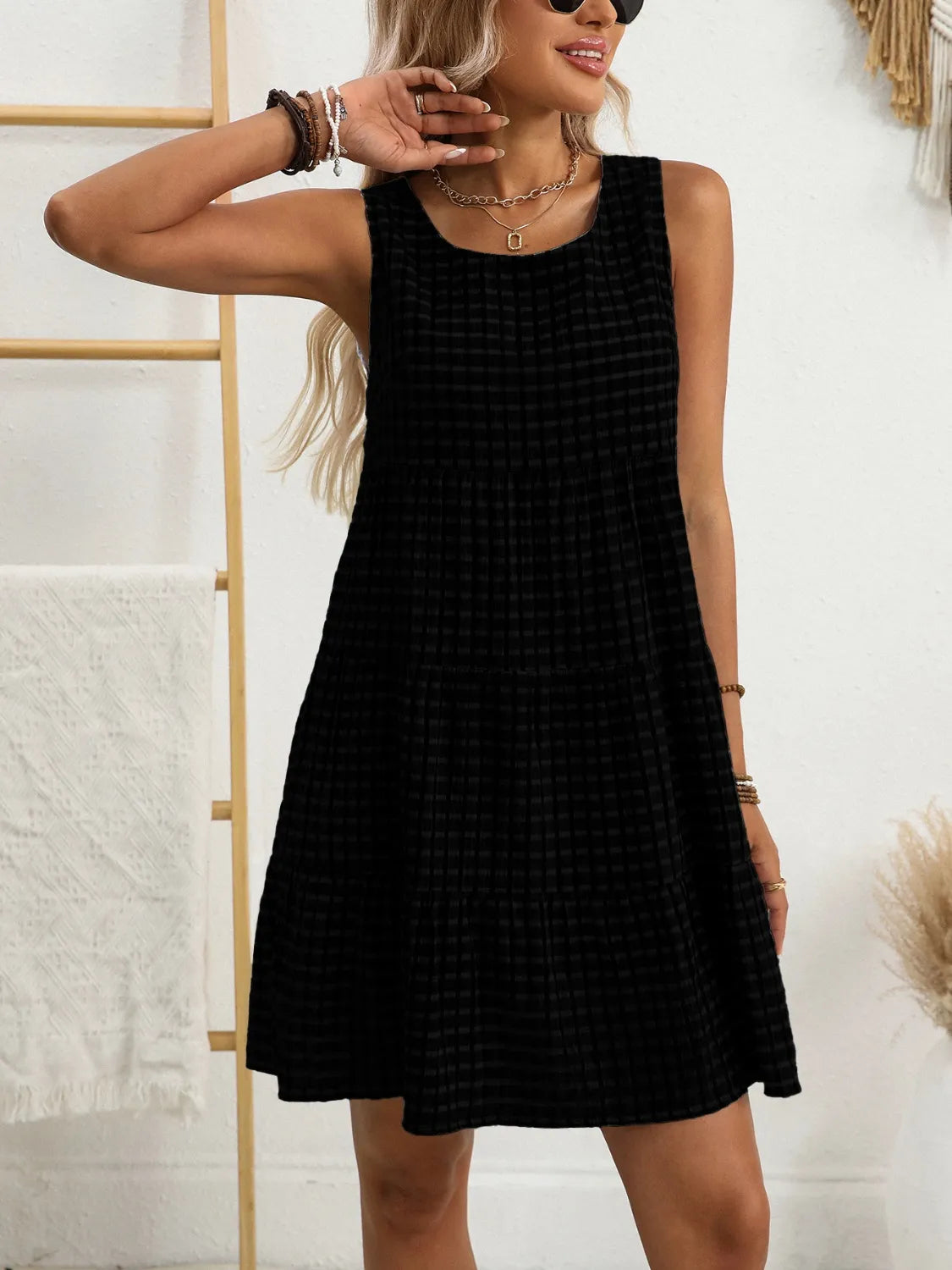 Plaid Round Neck Sleeveless Mini Dress