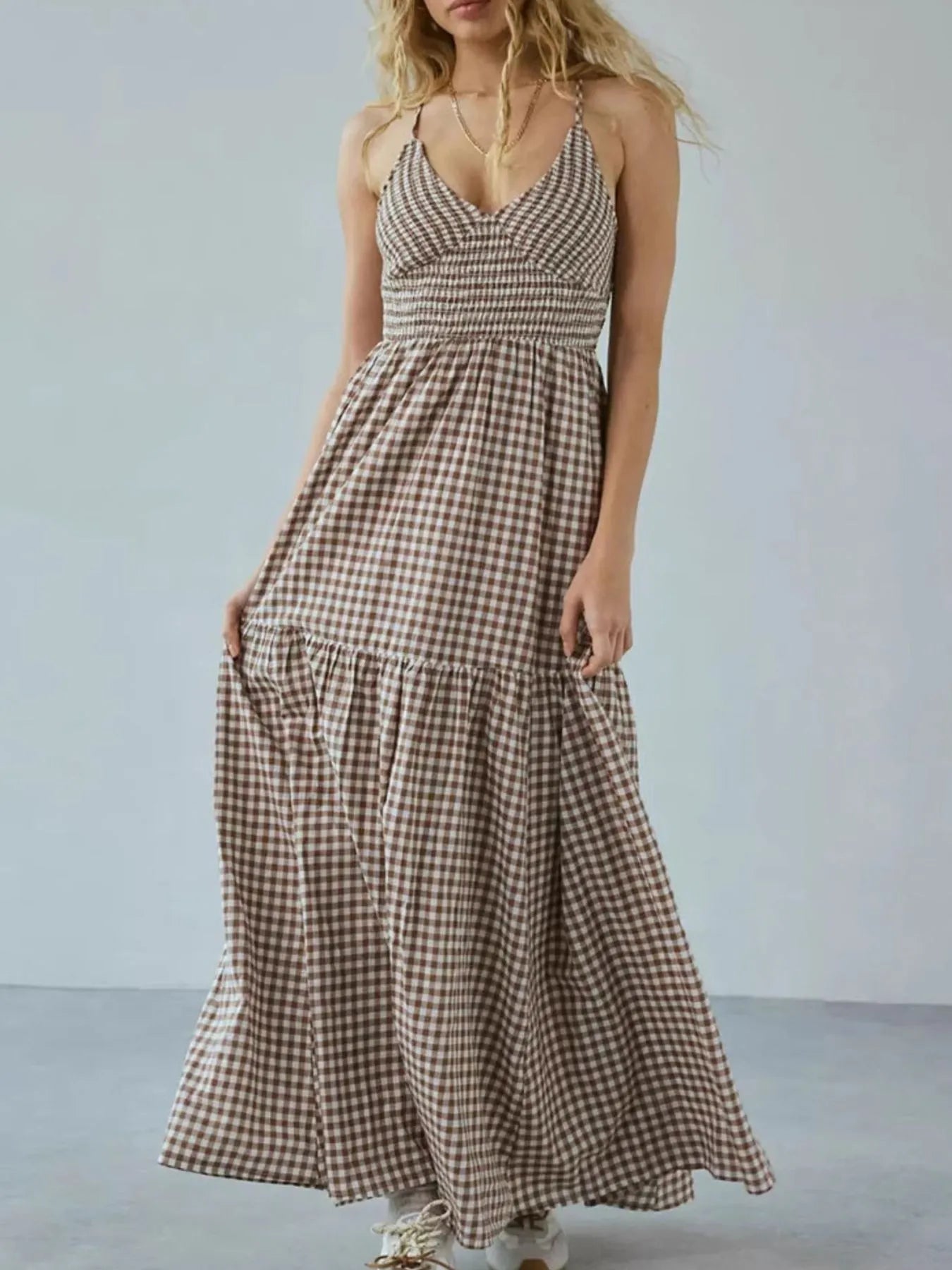 Crisscross Back Plaid Maxi Cami Dress Khaki