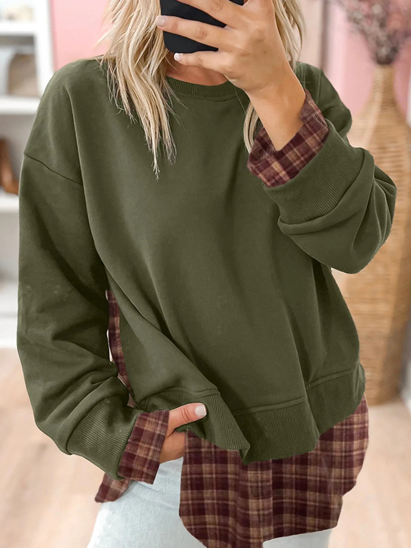 Plaid Patchwork Drop Shoulder Sweatshirt