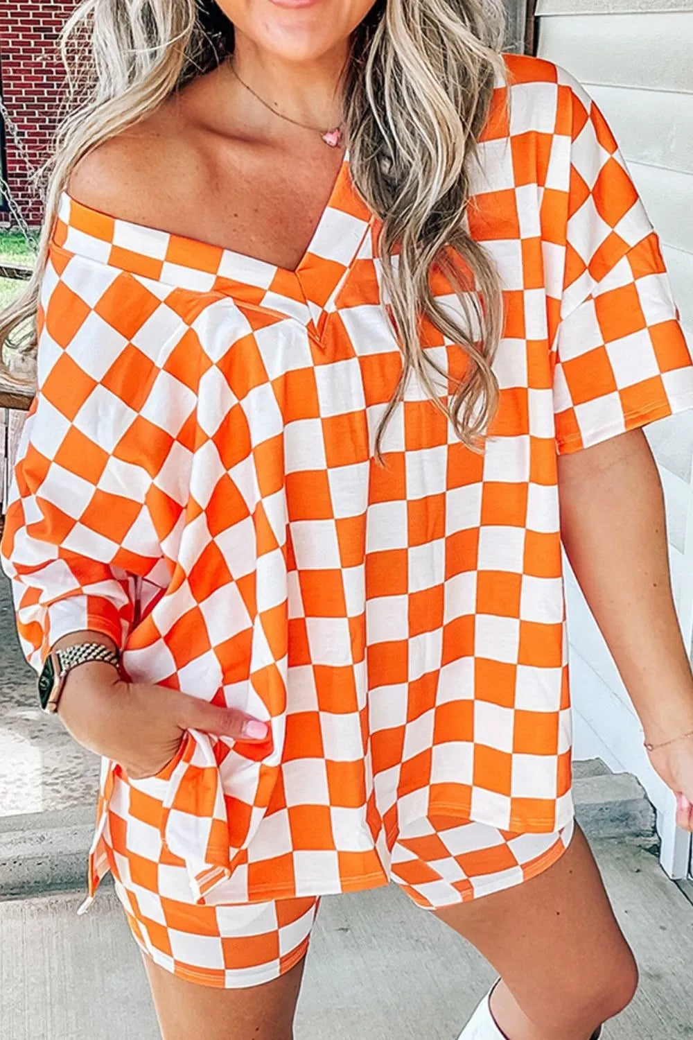 Checkerboard V Neck Loose Tee and Shorts Set