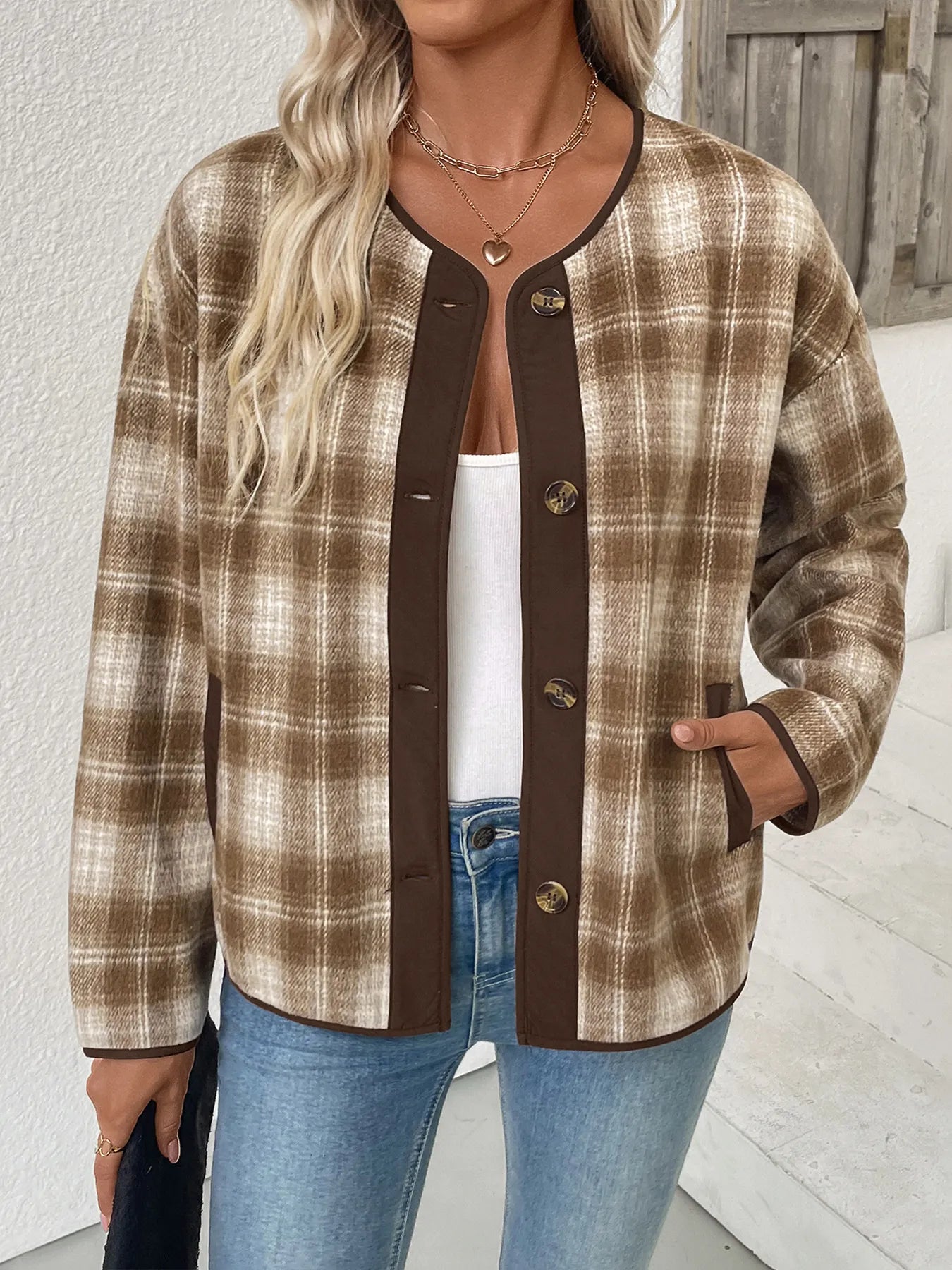 Plaid Long Sleeve Button-Up Jacket Khaki