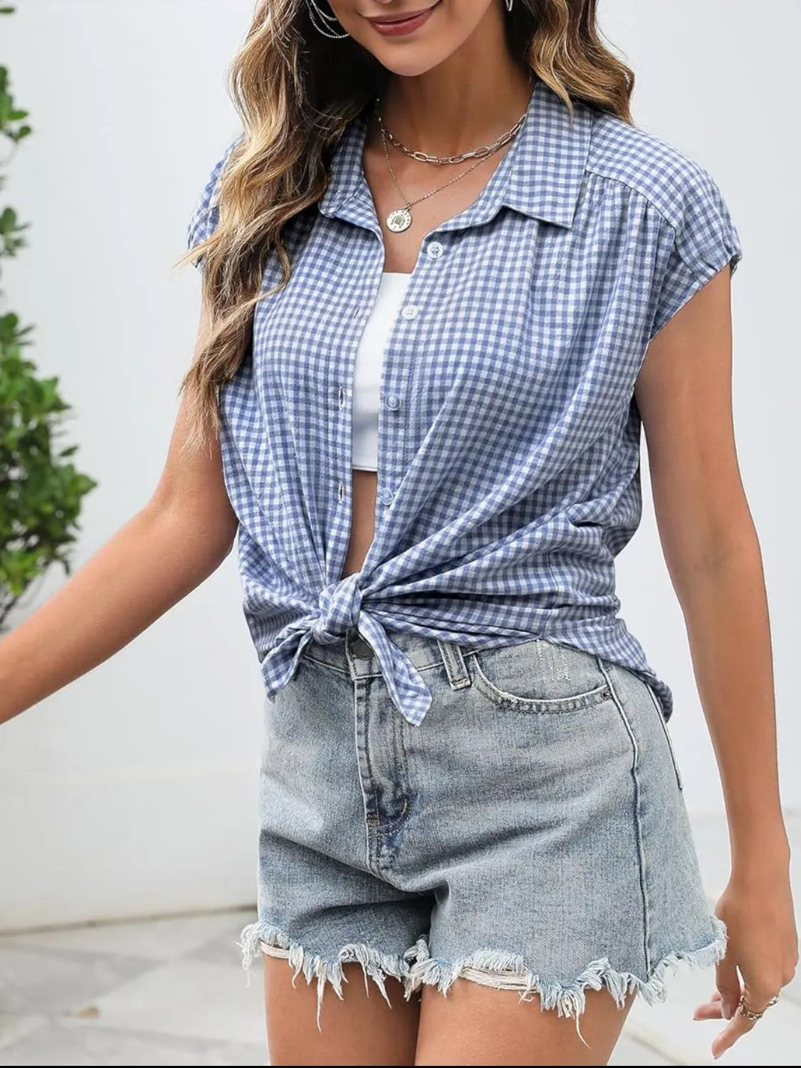 Plaid Button Up Cap Sleeve Shirt