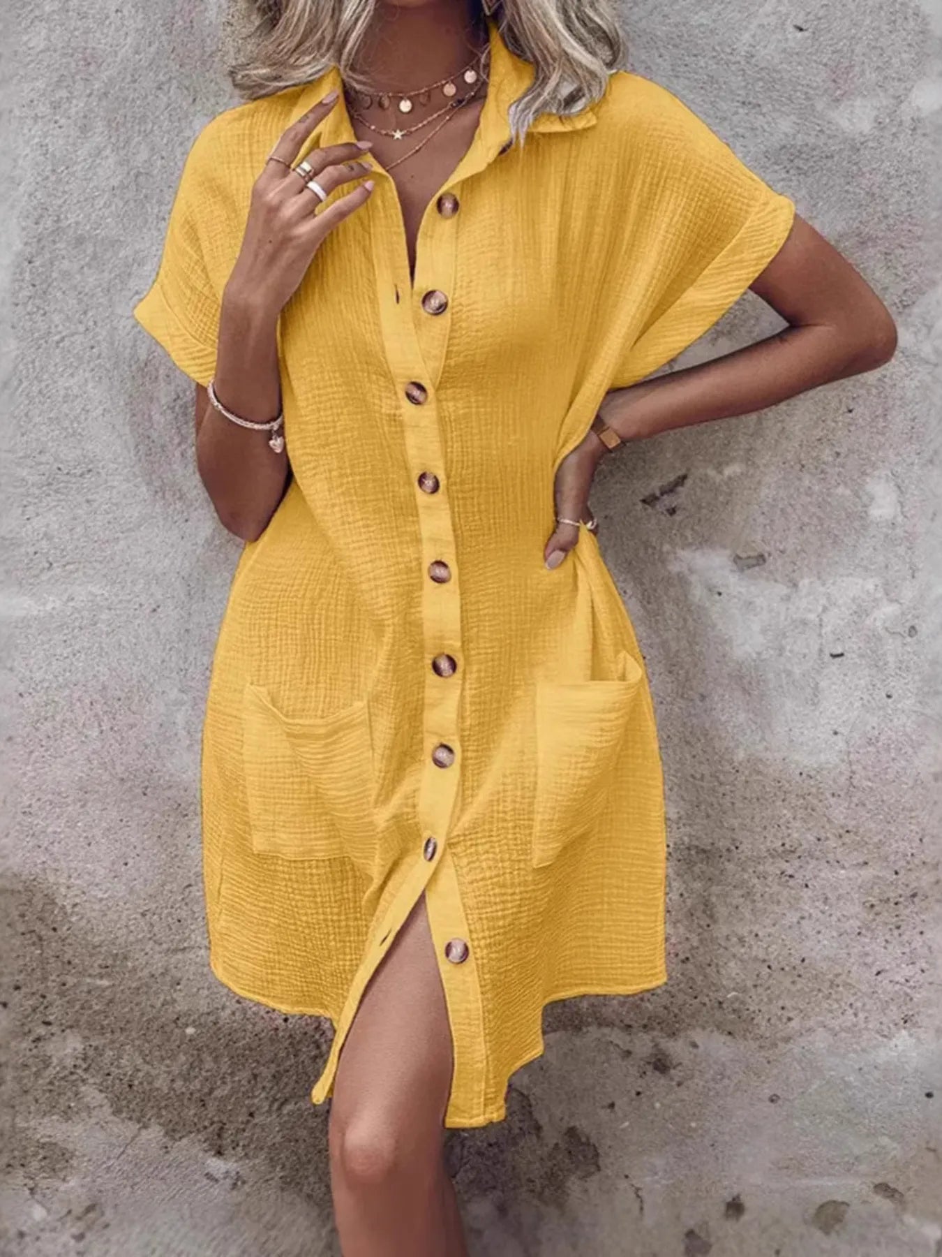 Textured Button-Front Shirt Dress Yellow