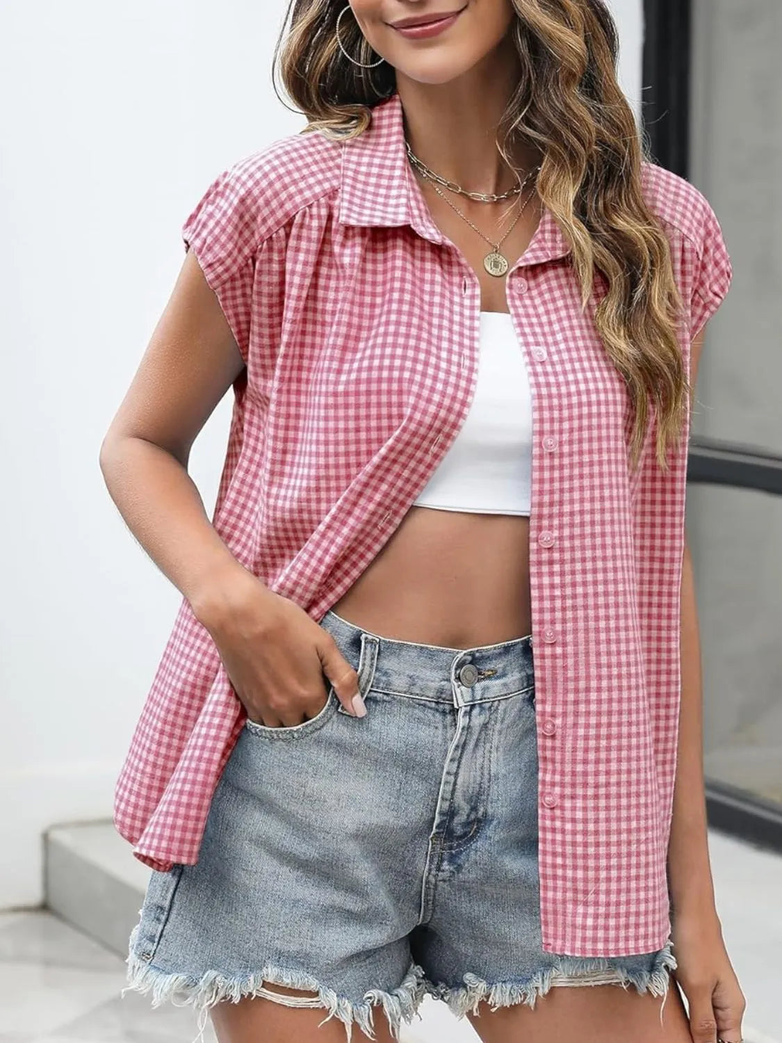 Plaid Button Up Cap Sleeve Shirt