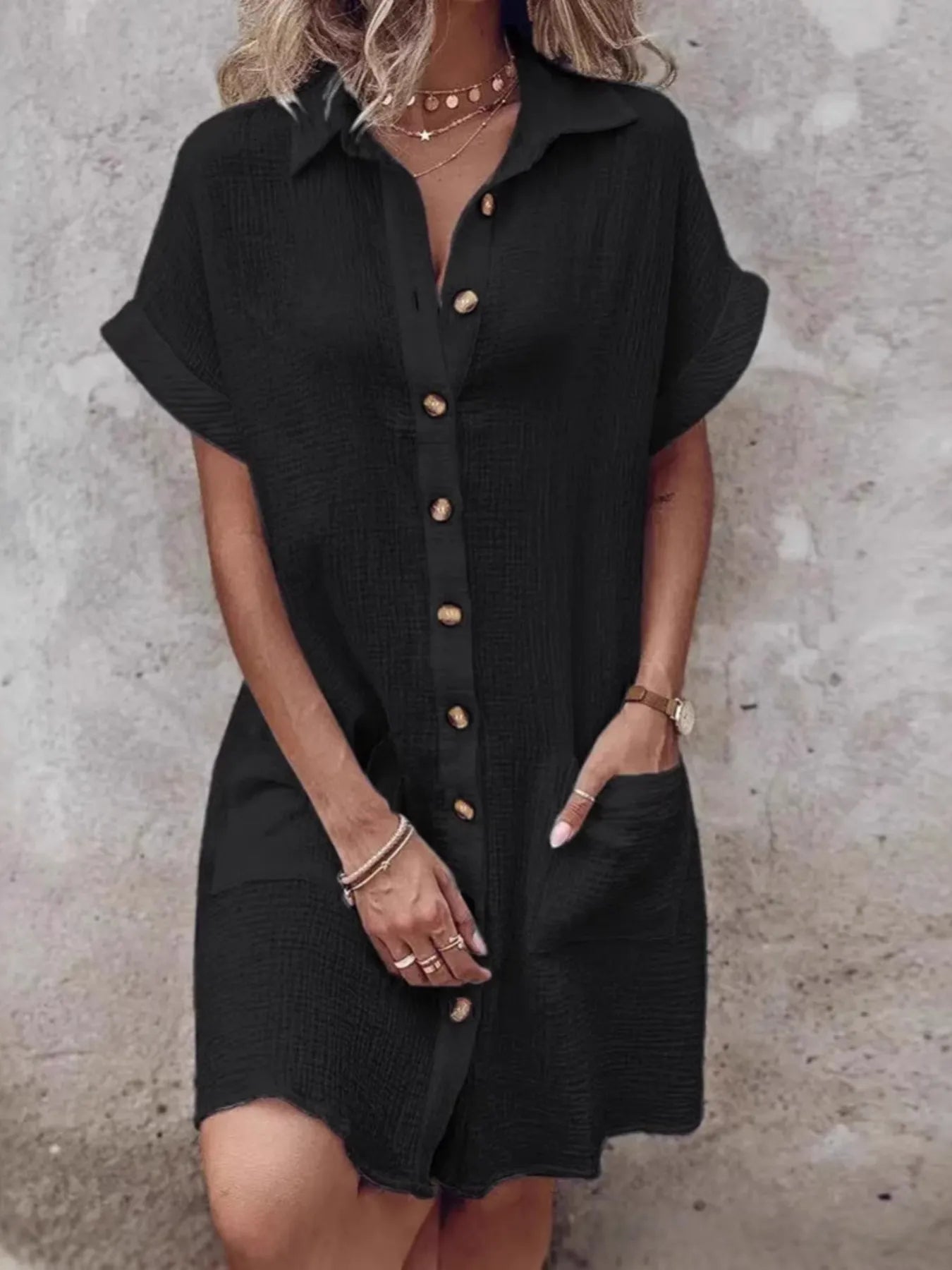 Textured Button-Front Shirt Dress Black