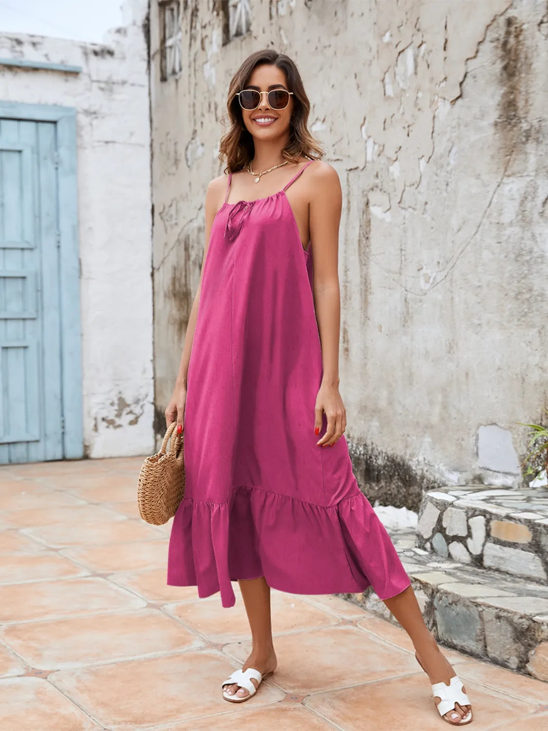 Ruffled Hem Midi Cami Dress Deep Rose