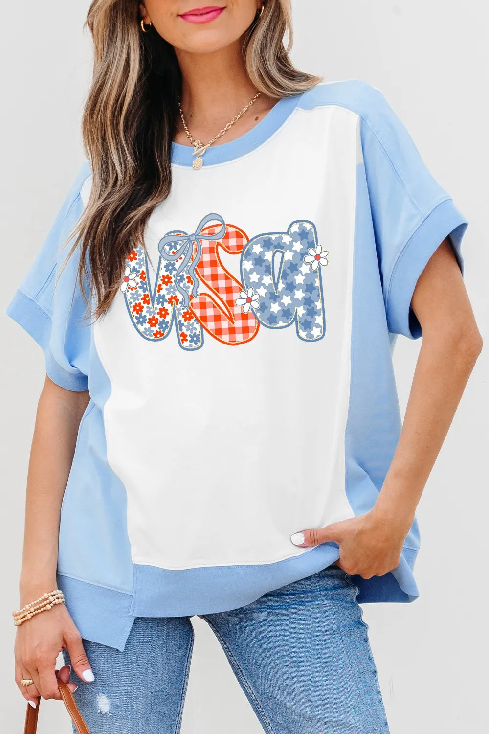 Star Plaid Flower USA Graphic Color Block Crewneck T Shirt White