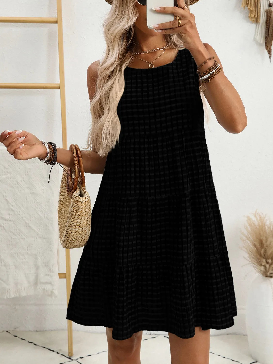 Plaid Round Neck Sleeveless Mini Dress