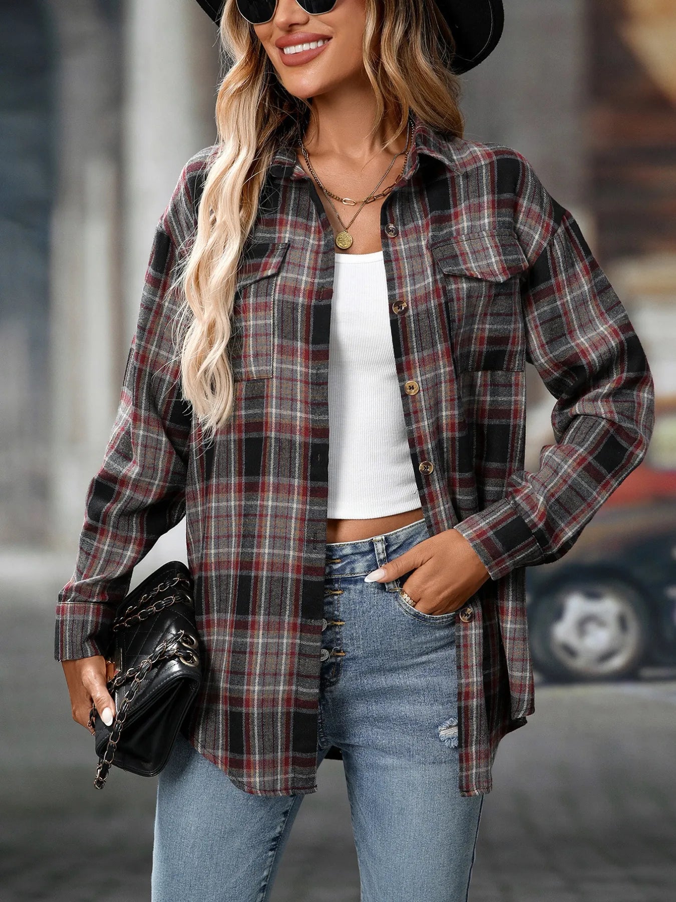 Oversized Plaid Button-Up Shirt Dark Gray