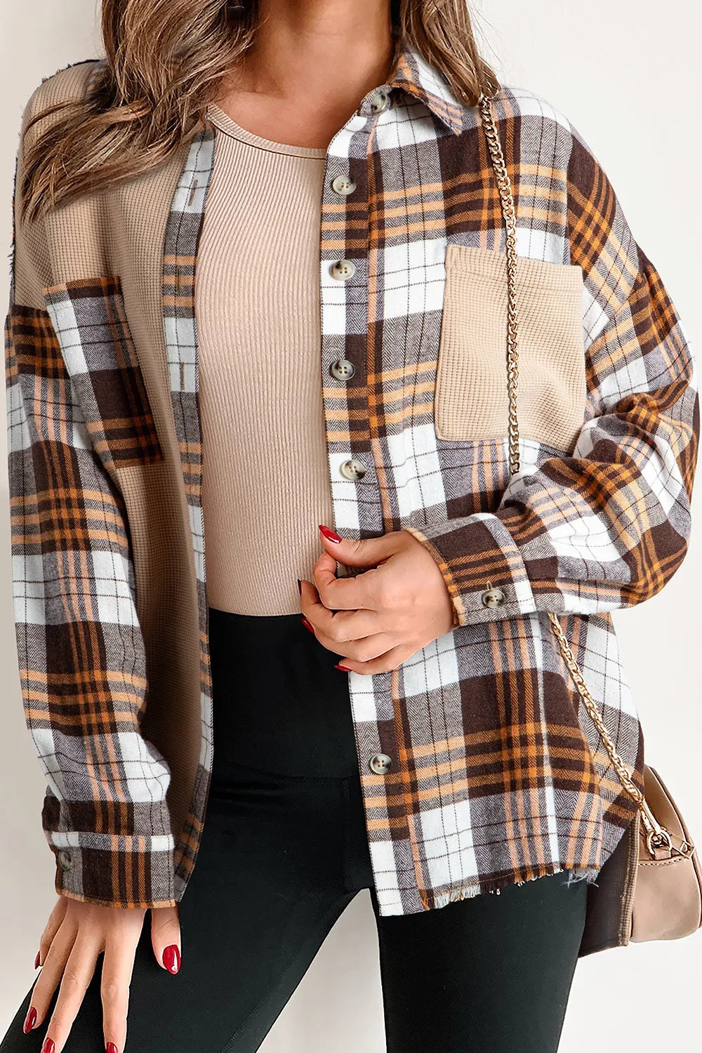 Plaid Button Up Long Sleeve Shacket Khaki