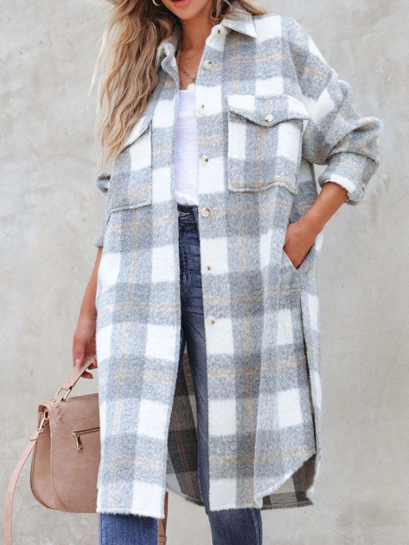 Oversized Plaid Button Up Longline Jacket