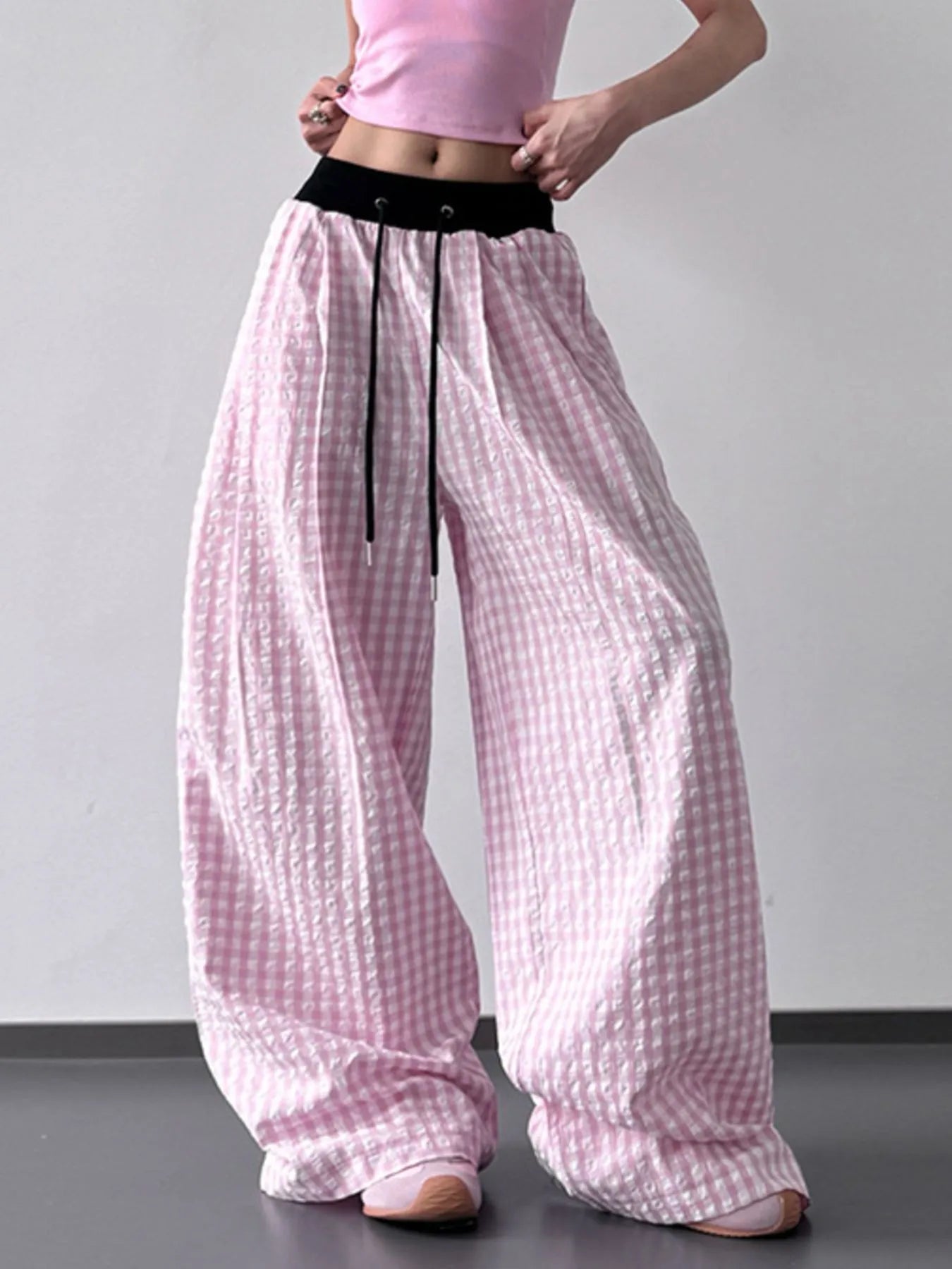 Gingham Wide Leg Drawstring Pants Pink