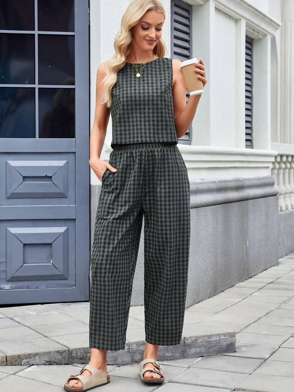 Plaid Sleeveless Top and Pants Set Army Green