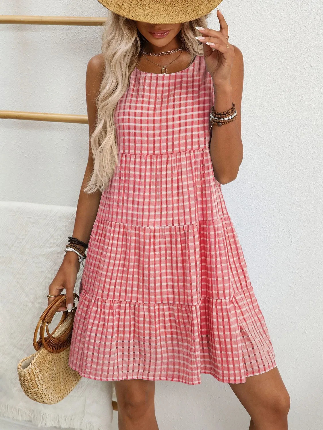Plaid Round Neck Sleeveless Mini Dress