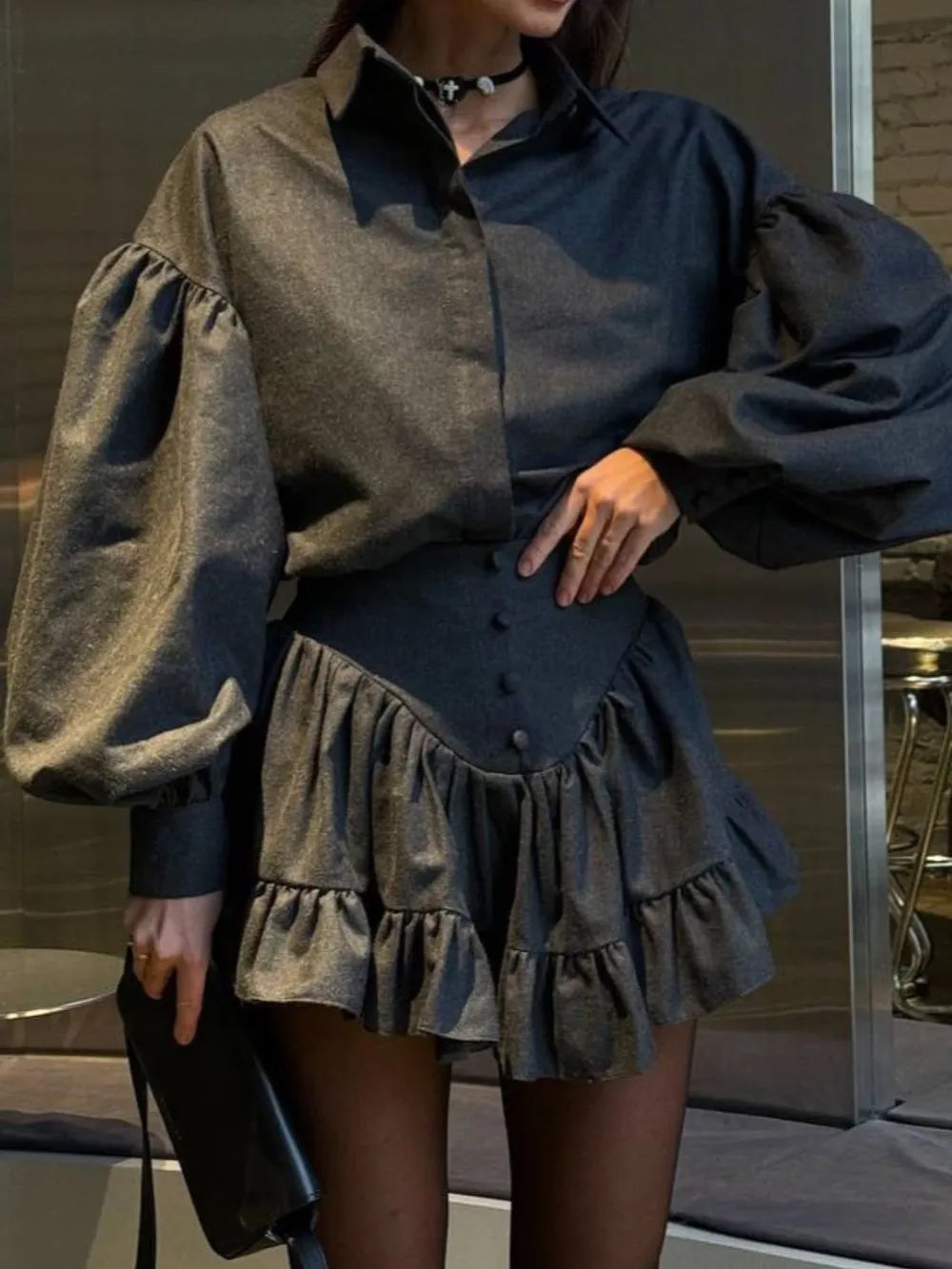 Lantern Sleeve Shirt and Ruffled Skirt Set