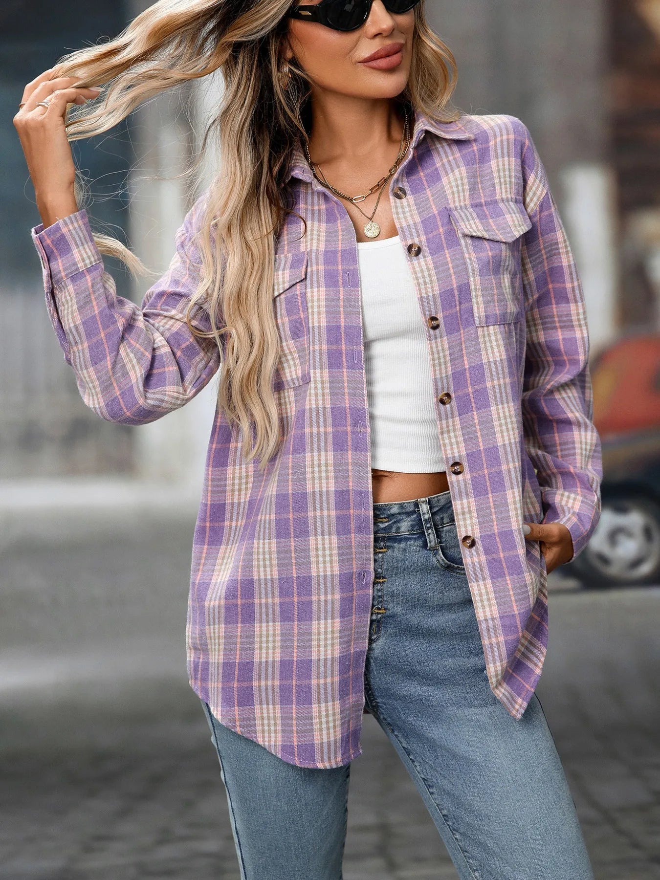 Plaid Button-Down Oversized Shirt Purple