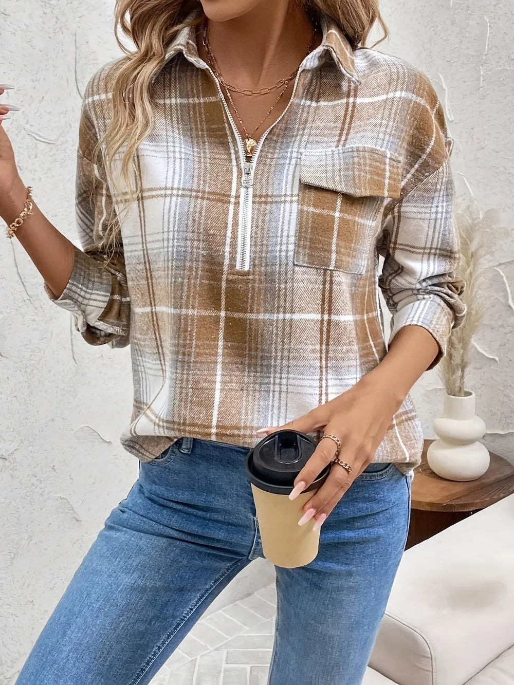 Plaid Collared Neck Half Zip Long Sleeve Top Camel