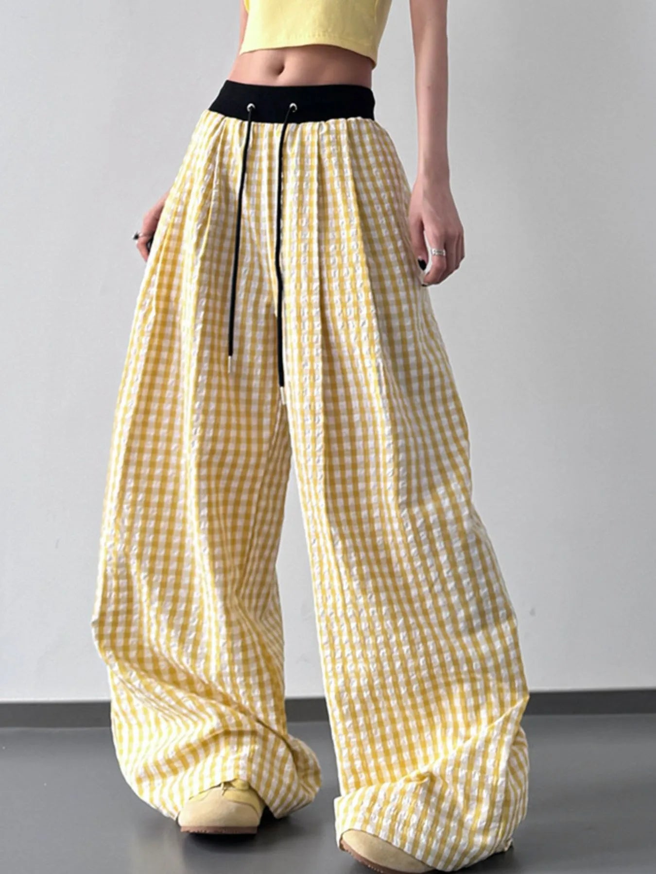 Gingham Wide Leg Drawstring Pants