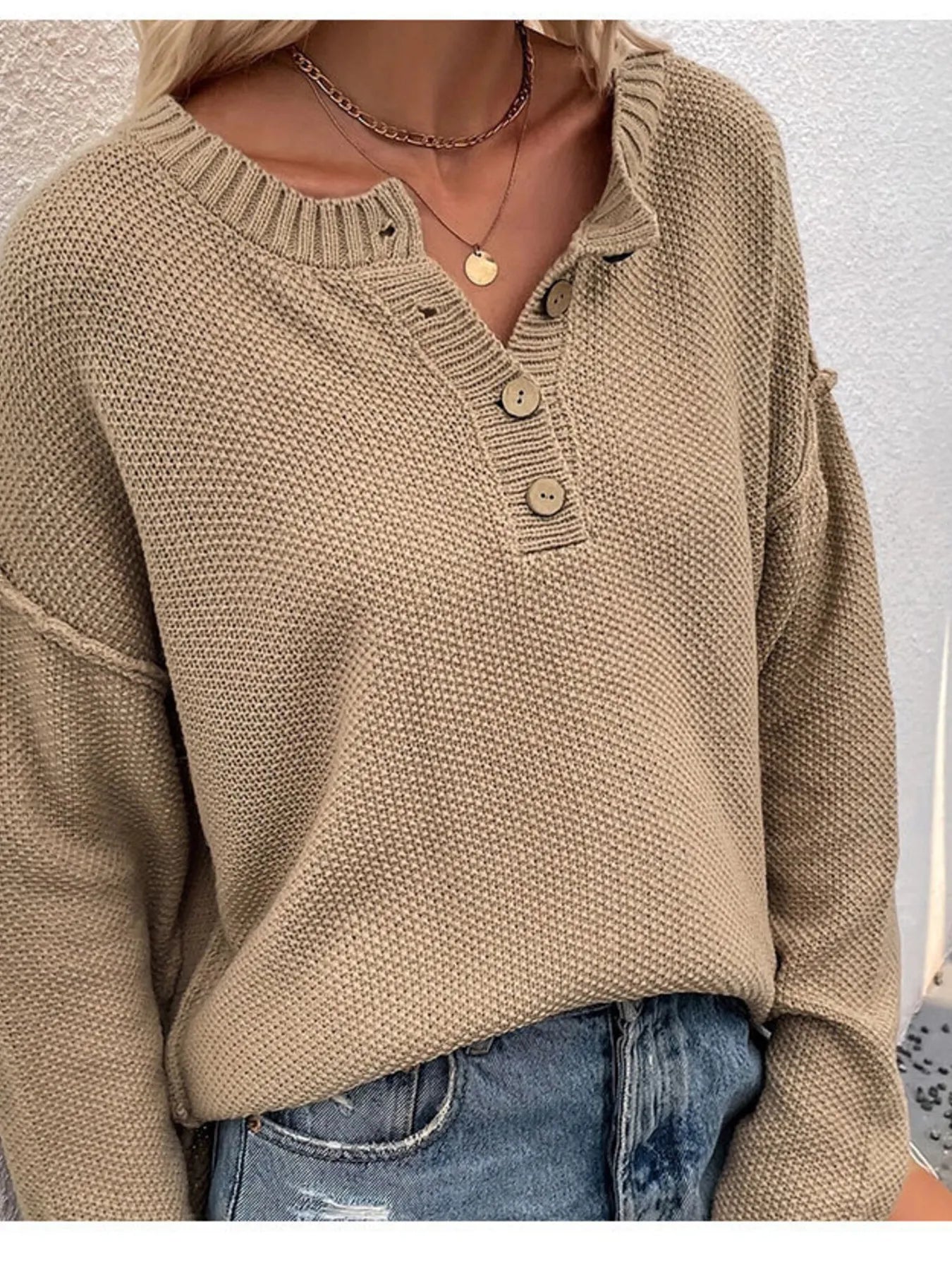 Button Detail Long Sleeve Knit Top Apricot