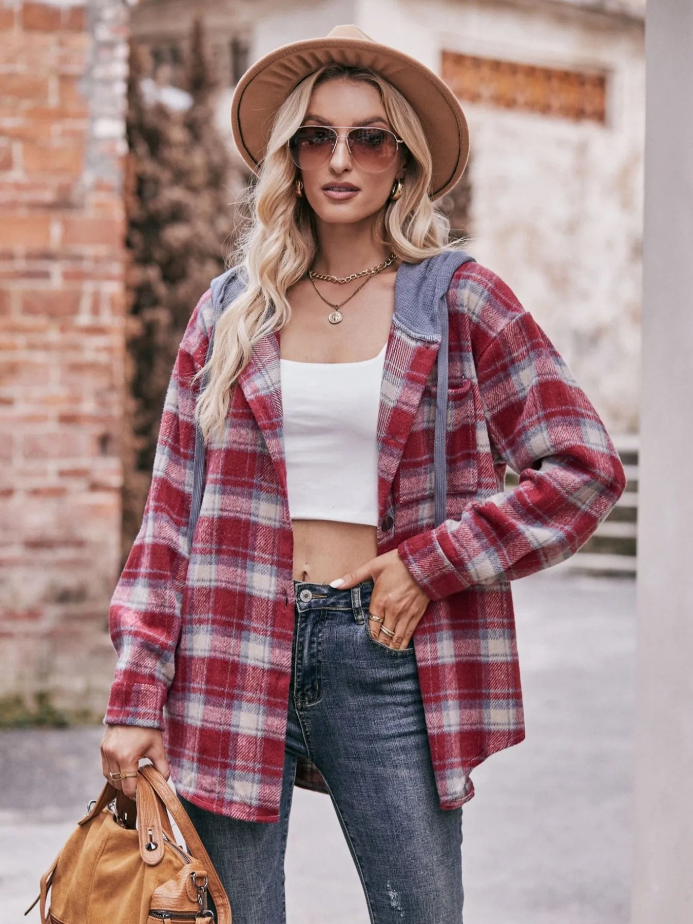 Oversized Plaid Button Up Shacket Deep Red