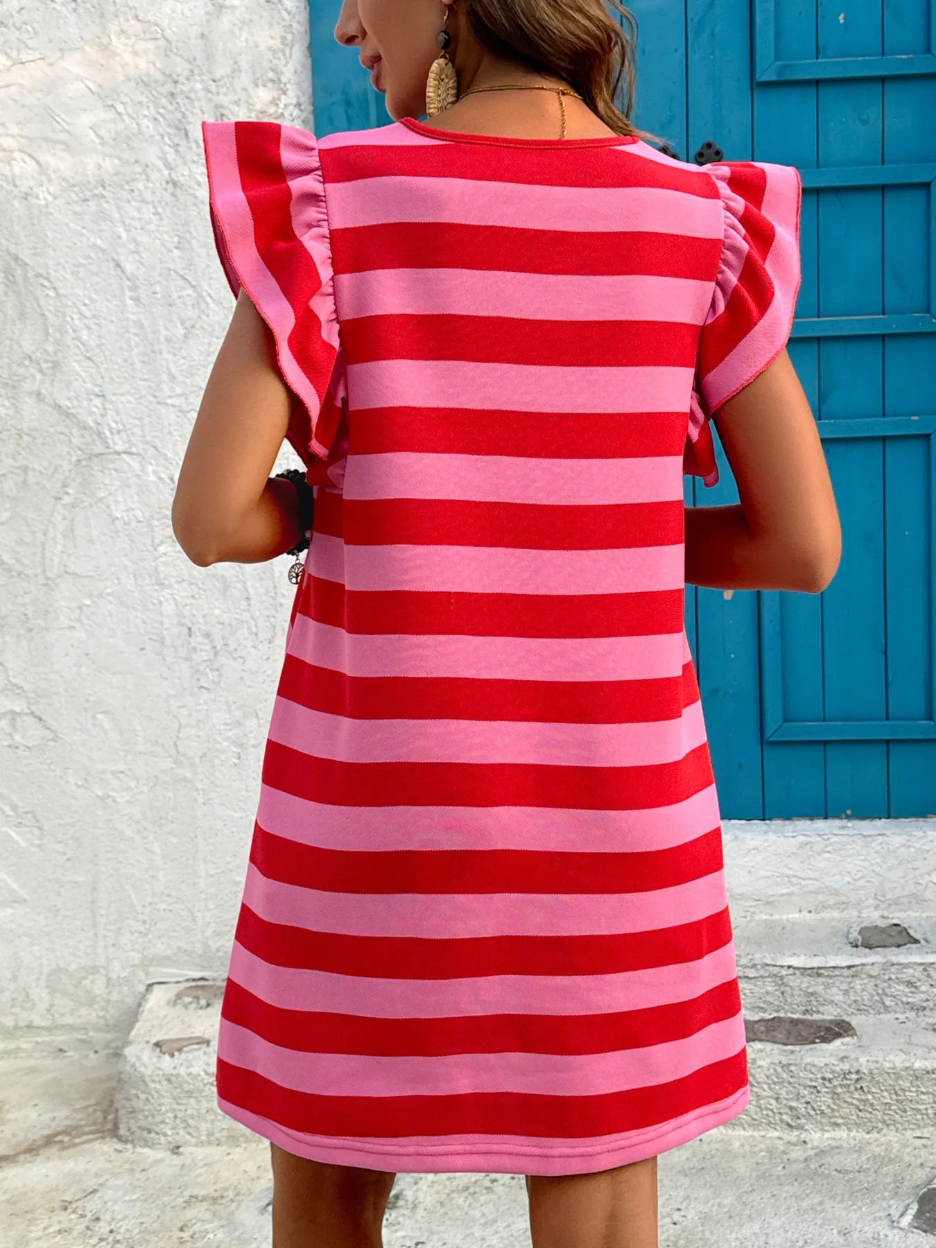 Striped Ruffle Sleeve Casual Summer Dress