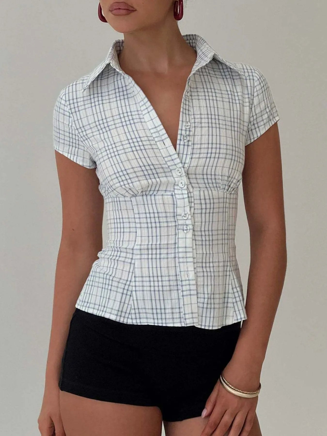 Plaid Short Sleeve Button-Up Shirt Light Blue