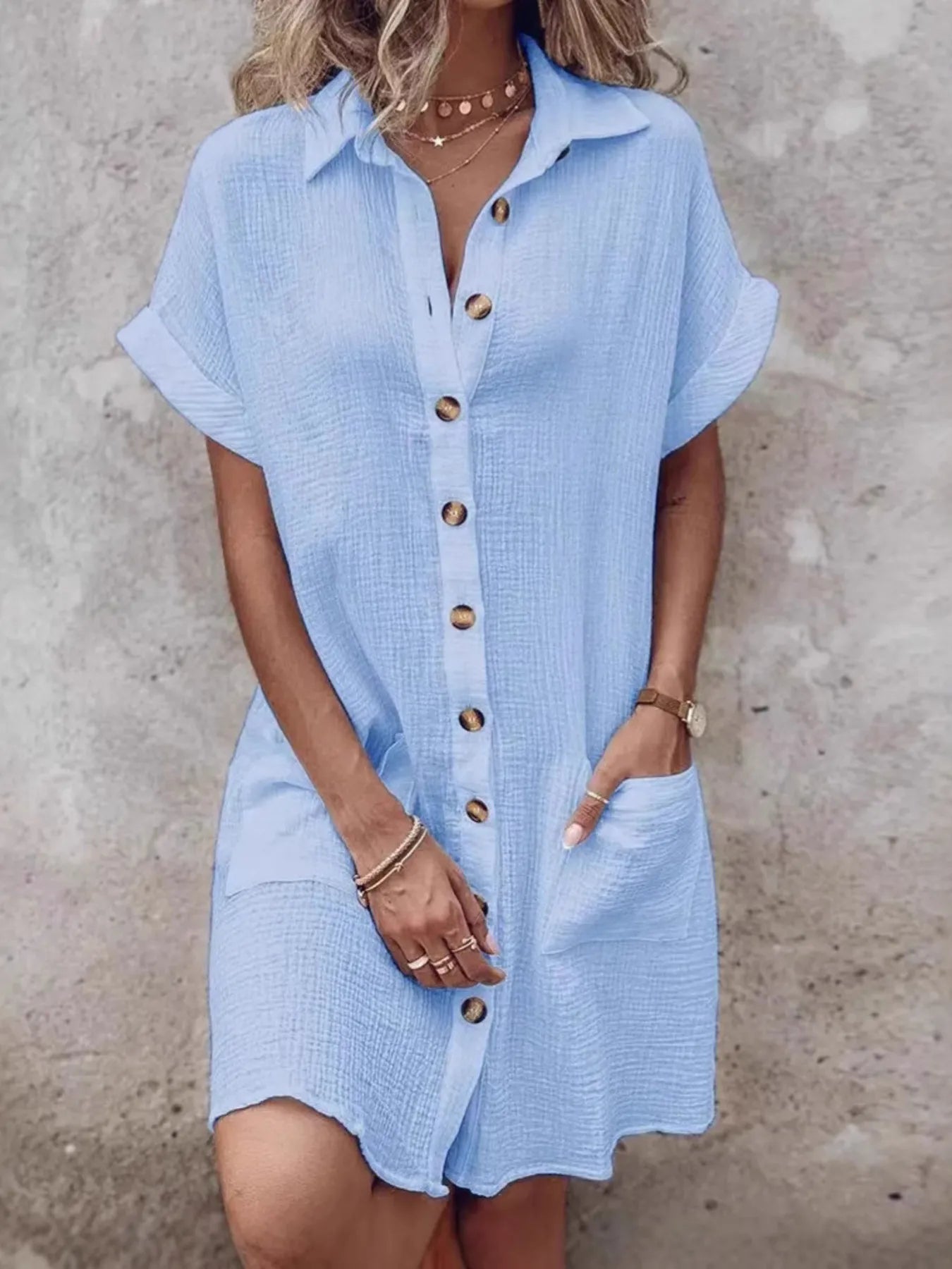 Textured Button-Front Shirt Dress Sky Blue