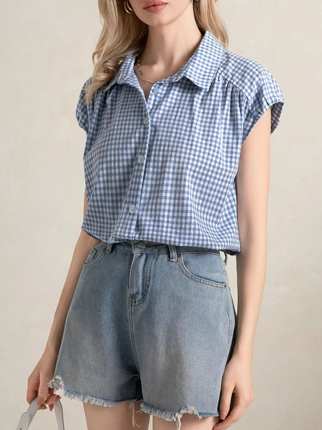 Plaid Button Up Cap Sleeve Shirt