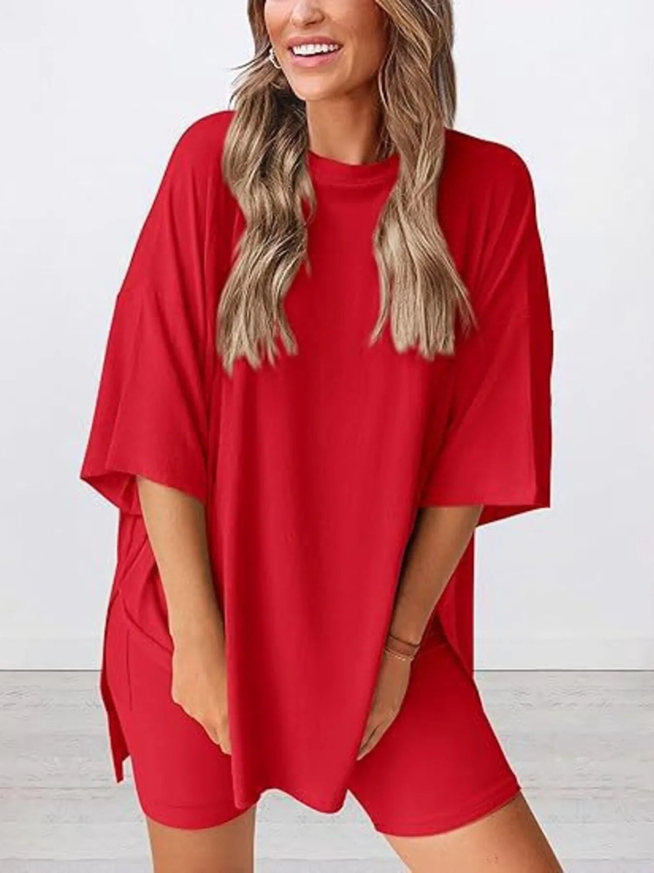 Full Size Oversized Round Neck Top and Shorts Set Plus Size Red