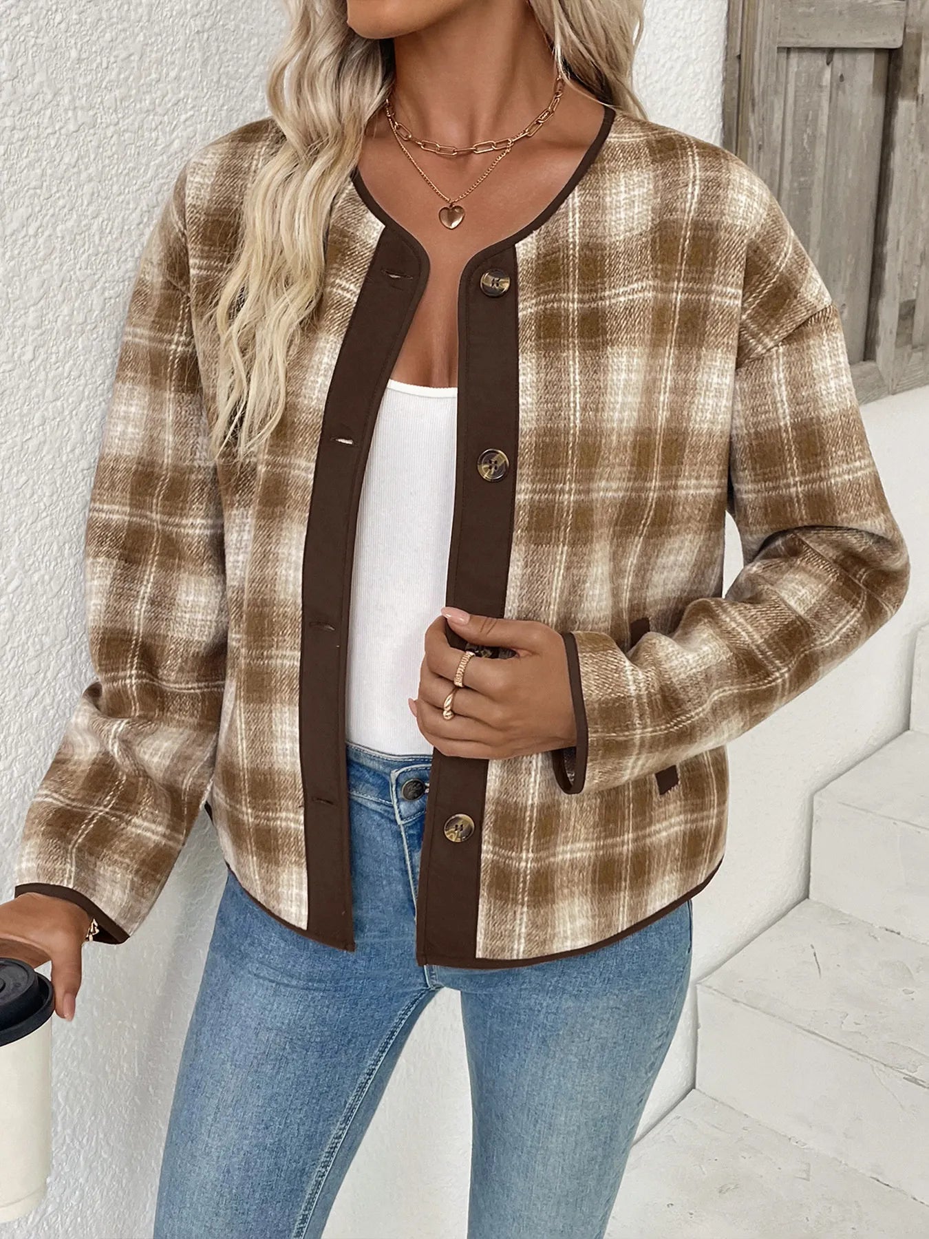 Plaid Long Sleeve Button-Up Jacket