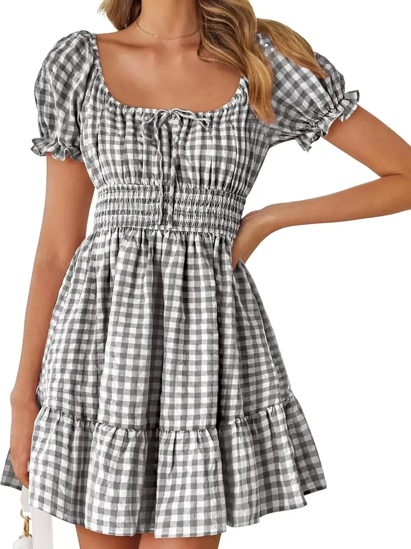 Gingham Smocked Puff Sleeve Summer Dress Black