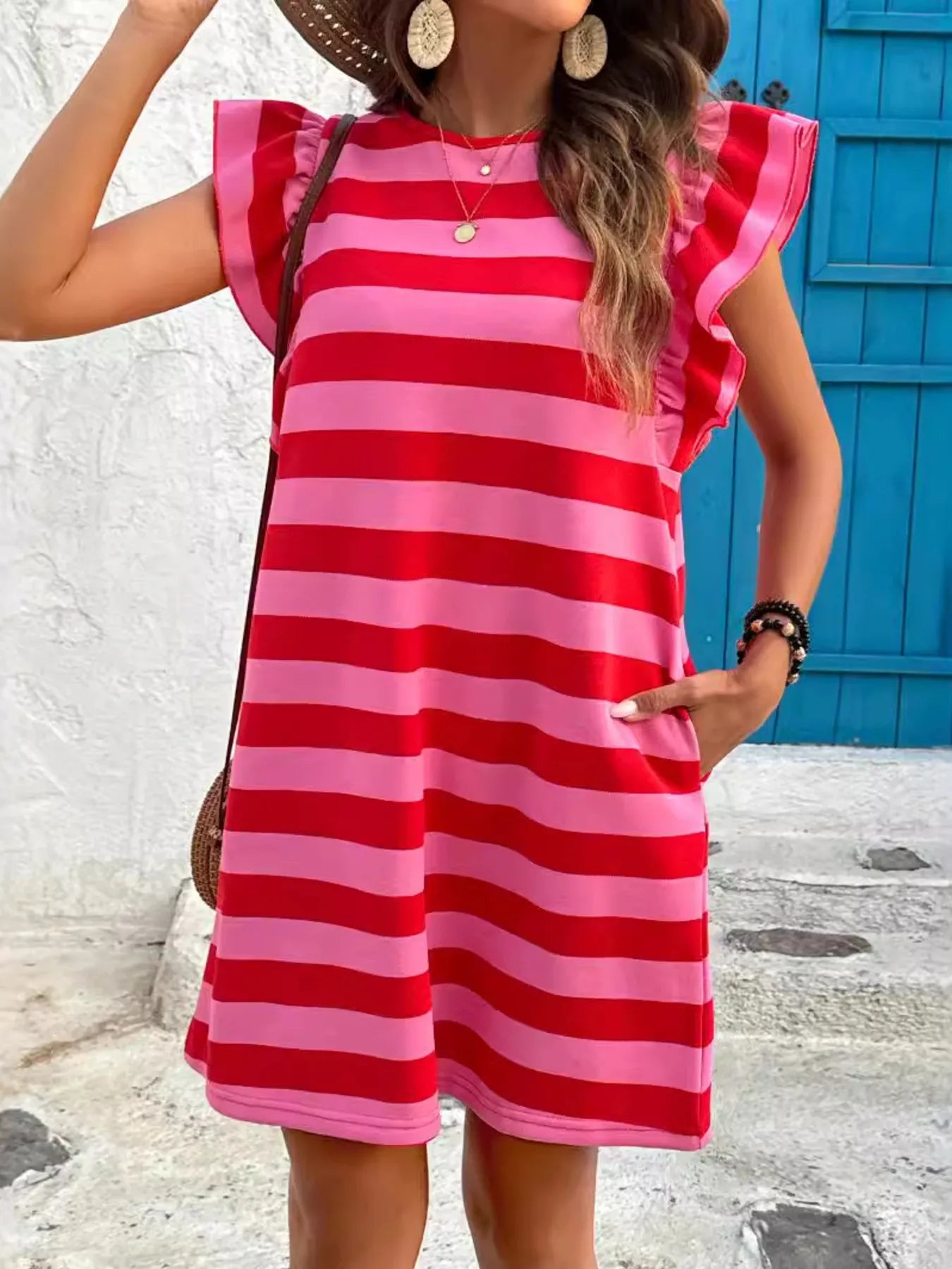 Striped Ruffle Sleeve Casual Summer Dress