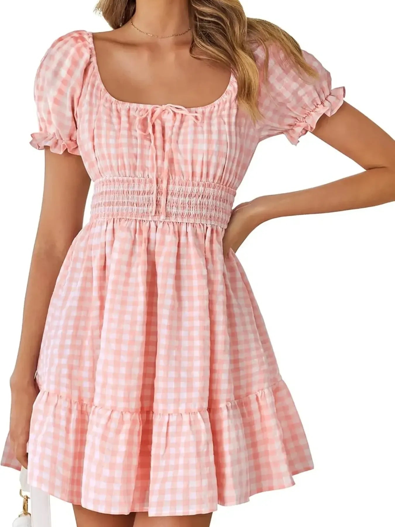 Gingham Smocked Puff Sleeve Summer Dress Pink