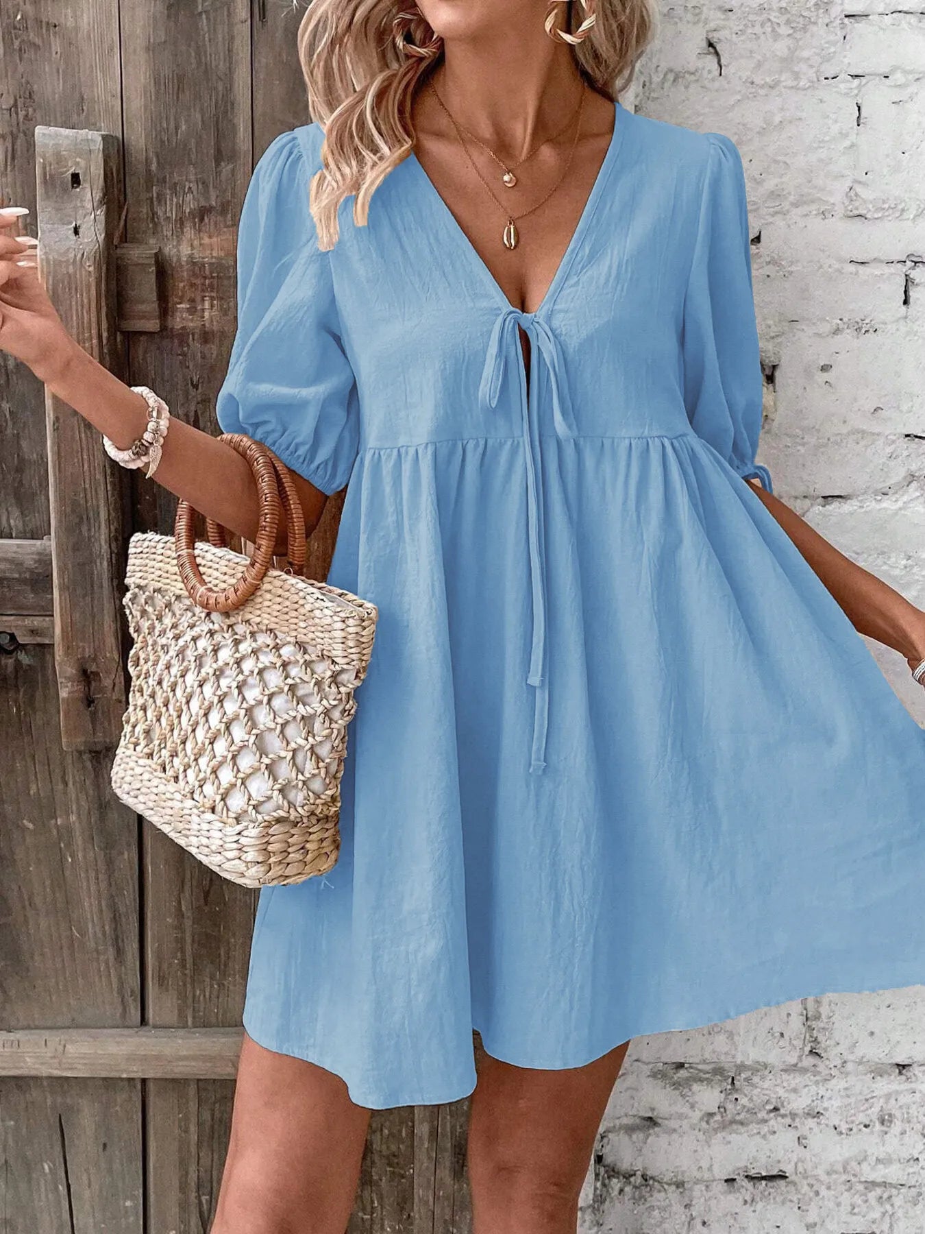 V-Neck Tie-Front Mini Dress with Puff Sleeves Blue