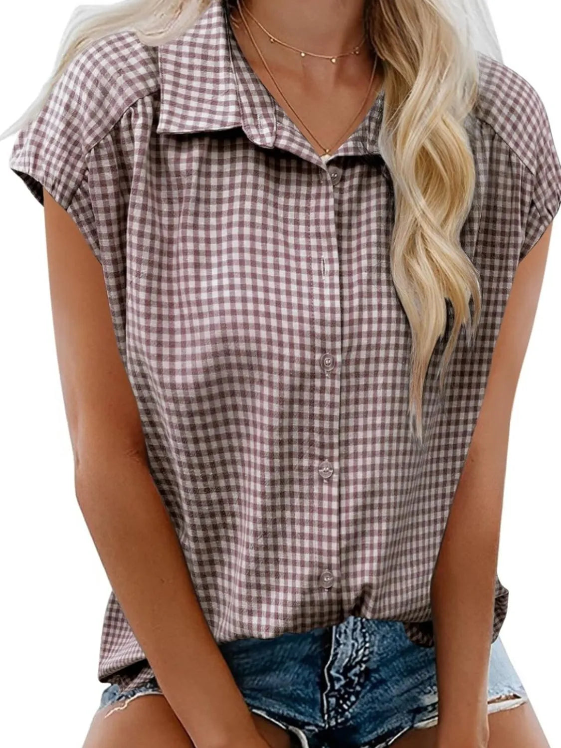Plaid Button Up Cap Sleeve Shirt