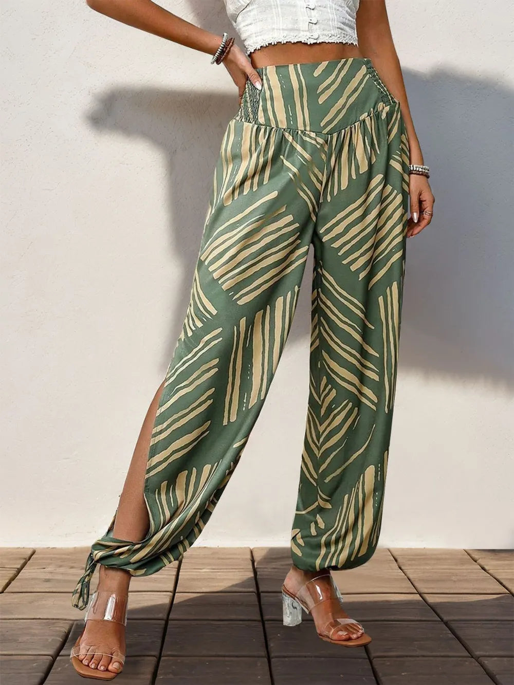 Perfee Smocked Slit Printed High Waist Pants Moss